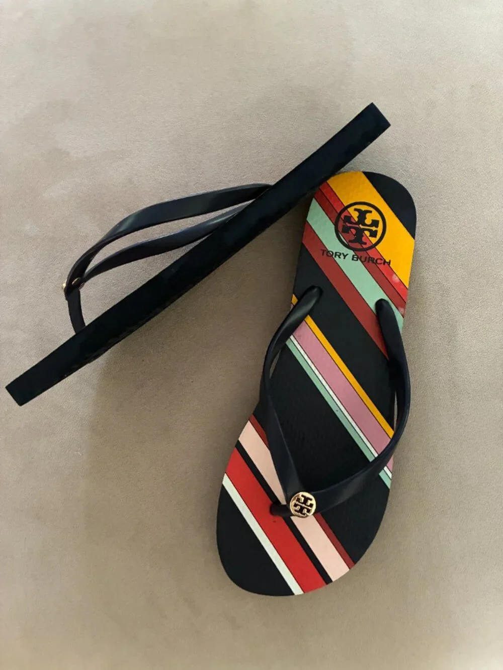 Tory Burch Women's US 9 Striped Logo Flip Flop Sandals Multicolor Navy EVA